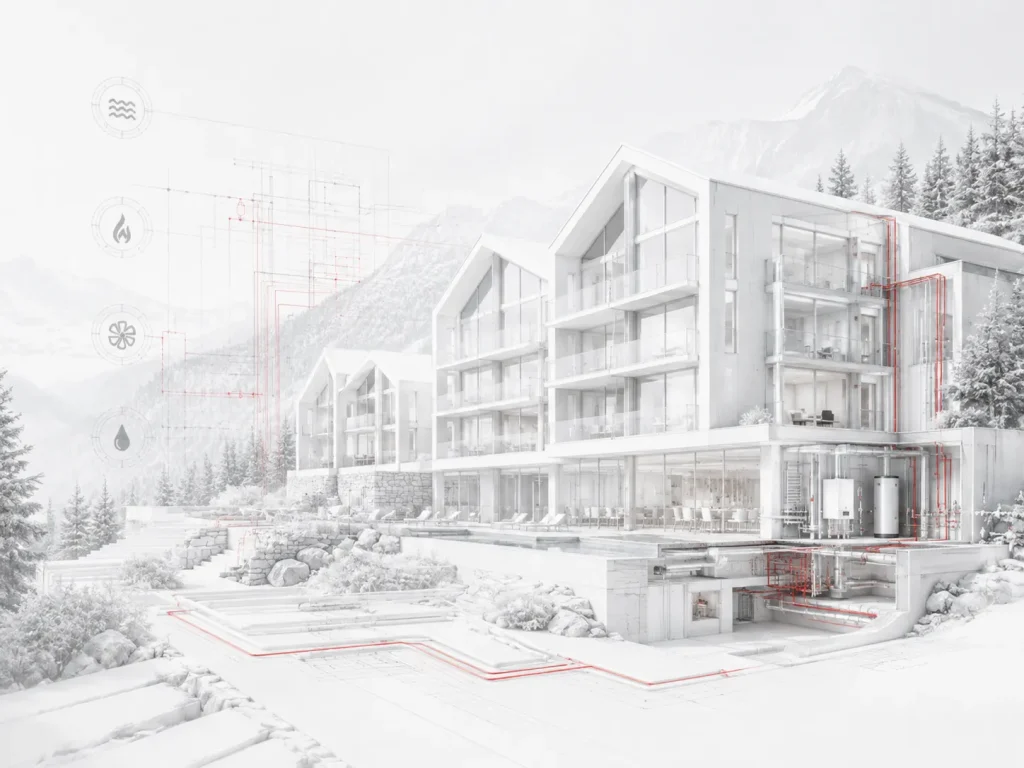 Ilustracja koncepcyjna instalacji sanitarnych w obiekcie hotelowym
